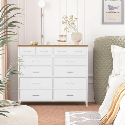 Compact 12 Drawer Dresser With Fabric Drawers And Wood Top