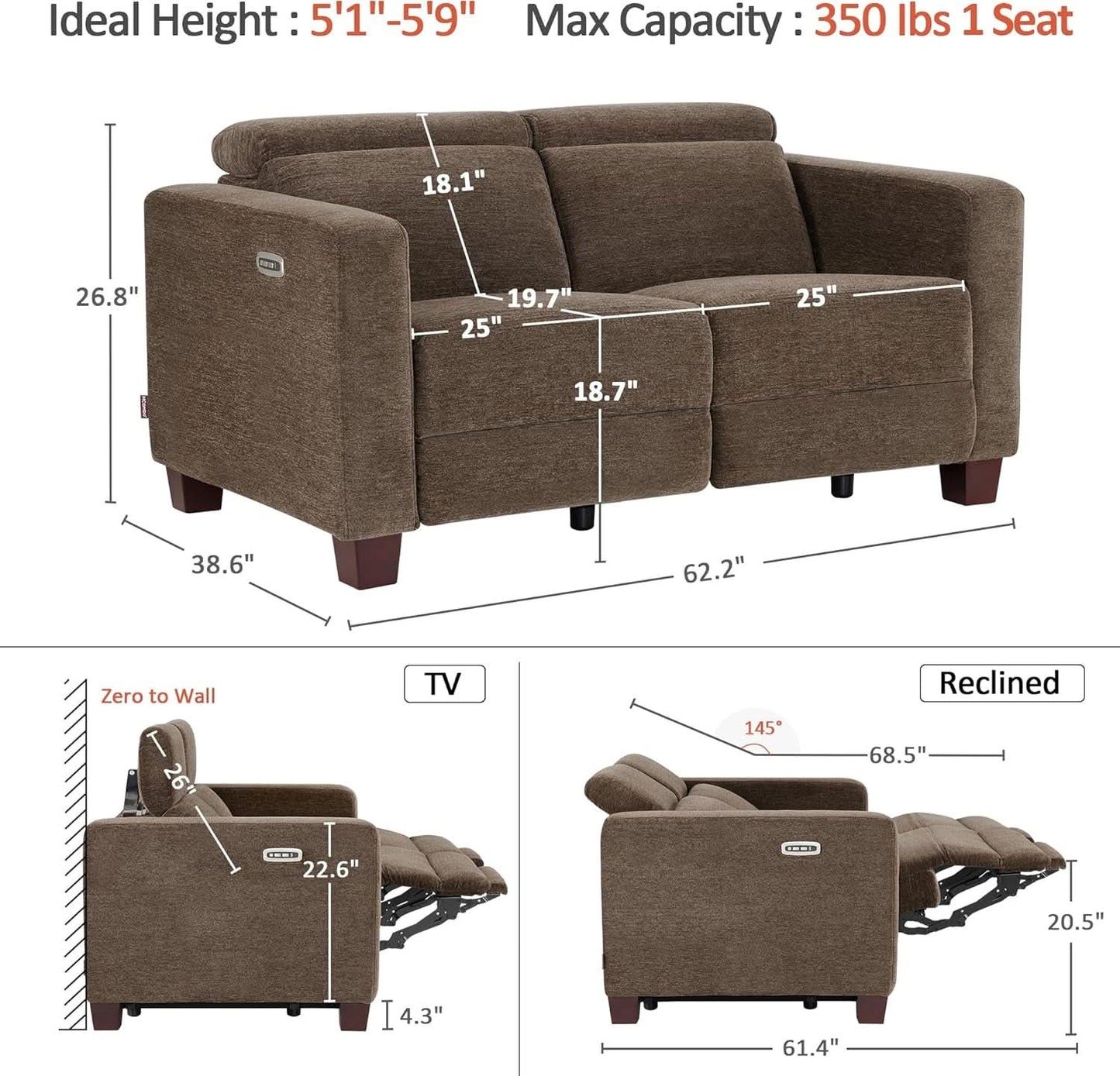 62.2 Inch Wall Hugger Power Loveseat Recliner with Adjustable Headrest and USB Ports in Coffee Fabric
