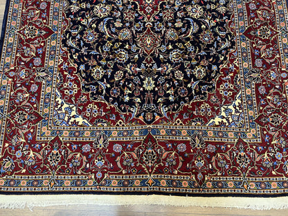 Dark Blue Persian Rug 5x8, Kork Wool Semi Antique Kashan Carpet, Very Fine Lachak Toranj Rug, Hand Knotted Floral Medallion Rug, 5 x 8 Oriental Rug