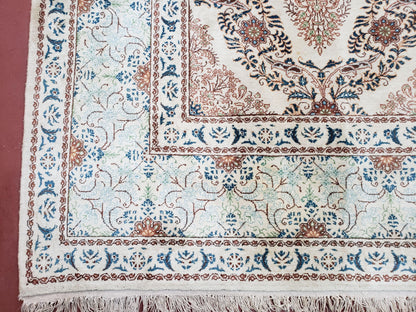 Fine Antique Persian Light Colored Kashan Carpet, 7x12, Top Quality, Rare, Ivory & Blues, Hand-Knotted, Wool