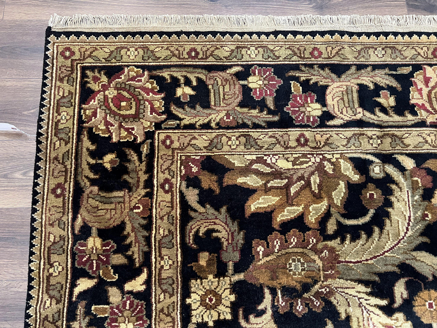 Indo Mahal Sultanabad Rug 8x11, Vintage Indian Oriental Carpet, Wool Handmade Floral Rug 8 x 11 ft, Black Beige Tan, Large Flowers Allover