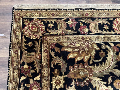 Indo Mahal Sultanabad Rug 8x11, Vintage Indian Oriental Carpet, Wool Handmade Floral Rug 8 x 11 ft, Black Beige Tan, Large Flowers Allover