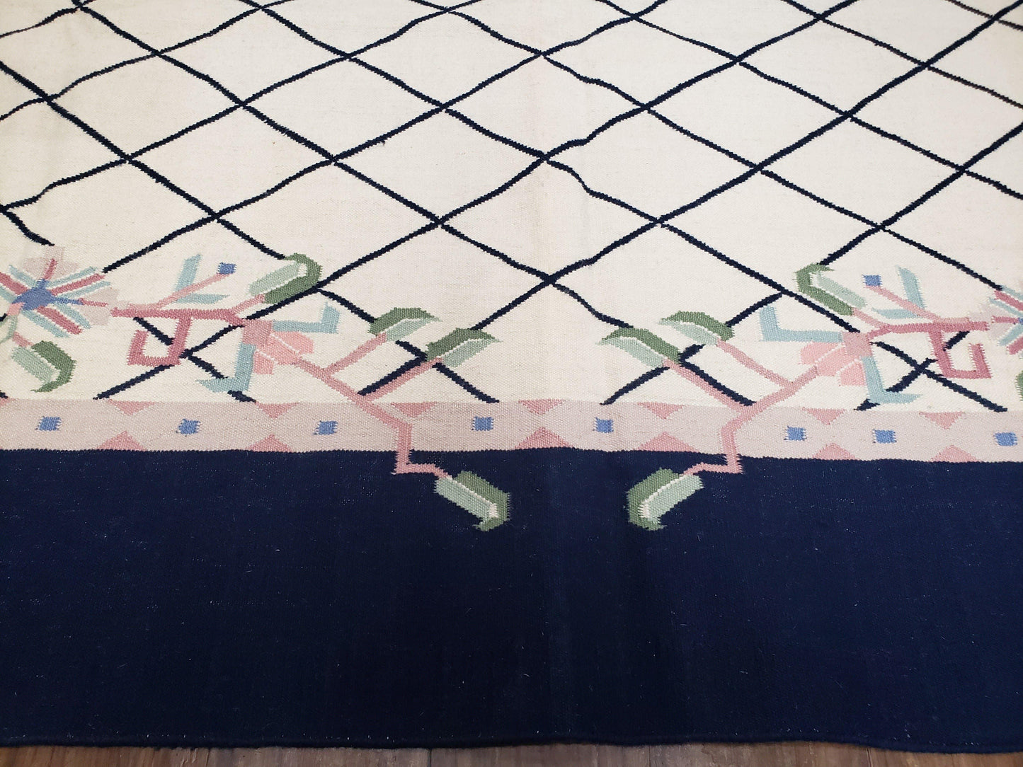 Vintage Dhurrie Rug, Indian Dhurrie 8x11 - 9x11, Wool Hand-Woven Ivory & Black Indo Carpet, Large Flat Weave Rug Living Room Rug Black White