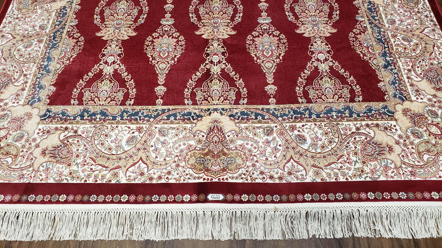 Dark Red Silk Carpet 5.3 x 7.6 ft, 5x8 Silk Rug, New Turkish Silk Carpet, Mint Condition, Beige & Red Area Rug, Bamboo Silk, High Quality