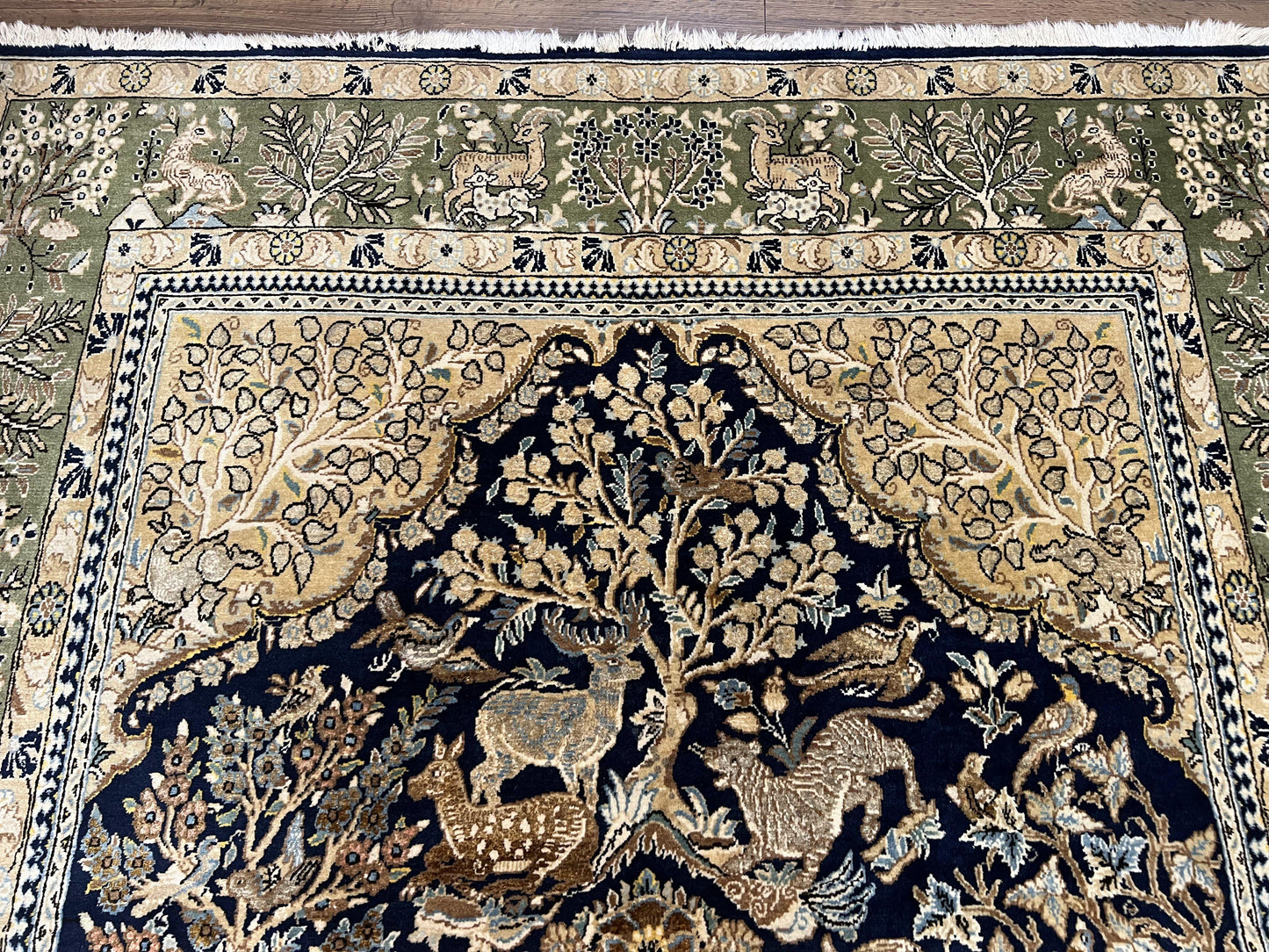 Wonderful Persian Qum Rug 6x9, Animal Pictorials, Tree of Life, Deer Birds, Hand Knotted Oriental Ghom Carpet, Semi Antique Vintage, Navy Blue Green