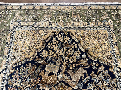 Wonderful Persian Qum Rug 6x9, Animal Pictorials, Tree of Life, Deer Birds, Hand Knotted Oriental Ghom Carpet, Semi Antique Vintage, Navy Blue Green