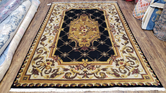 Nepal Rug 6x9, Nepalese Aubusson Area Rug 6 x 9, Hand-Knotted Wool Soft Pile Black & Beige Tibetan Aubusson New Carpet European Savonnerie