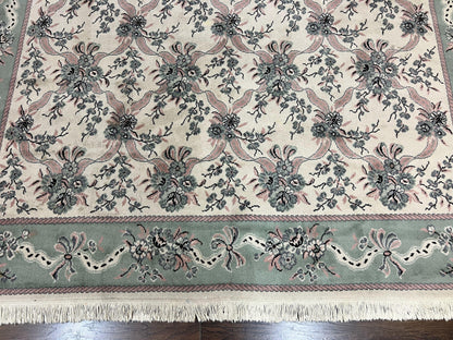 Belgium Power Loomed Rug 8x11, Ivory and Green, Wool Carpet, Floral