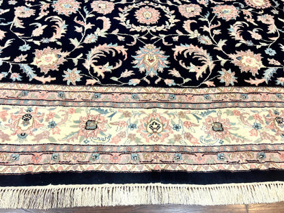 Indo Persian Rug 9x12, Navy Blue and Ivory/Cream, Floral Allover, Wool Vintage Handmade Carpet