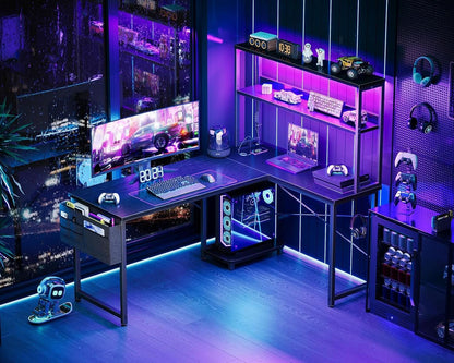 L Shaped Gaming Desk With LED Lights And Power Outlets