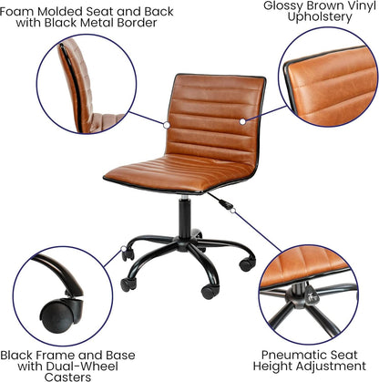 Low-Back Ribbed Upholstered Vinyl Swivel Desk Chair, Brown, Adjustable Height