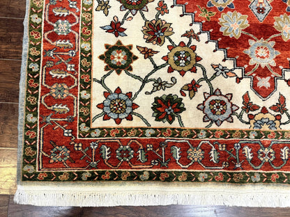 Indo Persian Heriz Rug 7x9, Geometric Pattern, Cream & Light Red, Handmade Vintage Wool Carpet