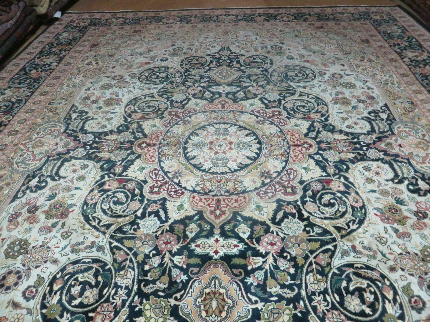 Beautiful Sino Persian Rug 9x12, Elegant High Quality Handmade Wool Oriental Carpet, Medallion with Corner Design, Floral, Black and Ivory