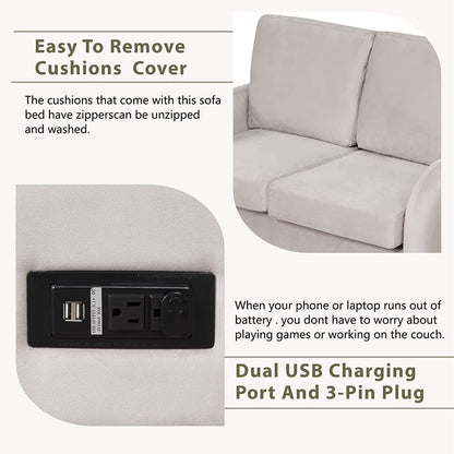 2 In 1 Velvet Sleeper Sofa With USB Port Convertible Loveseat Bed Soft Velvet Upholstery For Small Living Rooms Guests