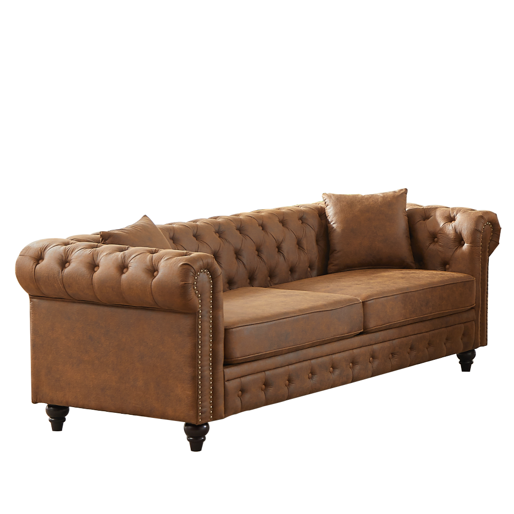 85.5" Chesterfield Sofa 3-Seater | Tech Fabric with Button Tufting, Rolled Arms & Wood Legs — Brown / Black