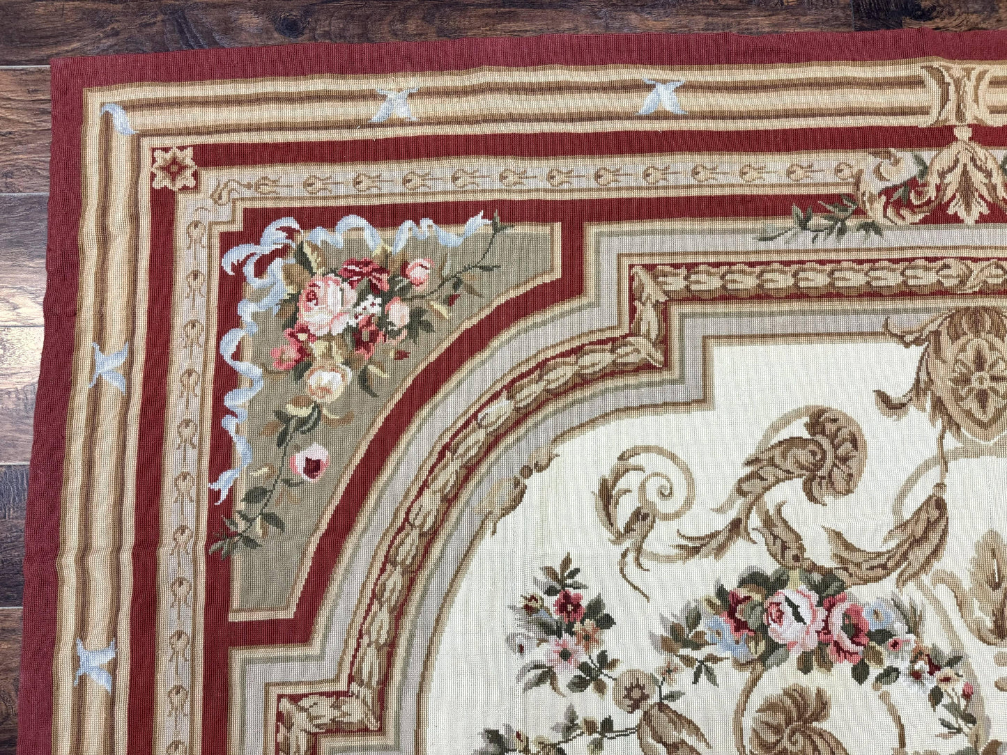 Aubusson Needlepoint Rug 9x11, Handmade Vintage Wool Flatweave Carpet, Elegant European Rug, Floral, Cream