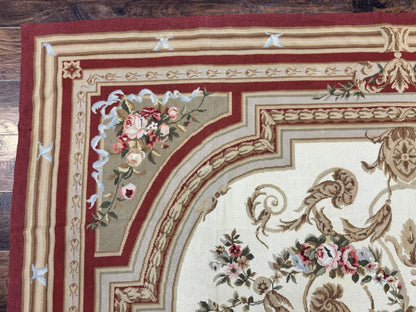 Aubusson Needlepoint Rug 9x11, Handmade Vintage Wool Flatweave Carpet, Elegant European Rug, Floral, Cream