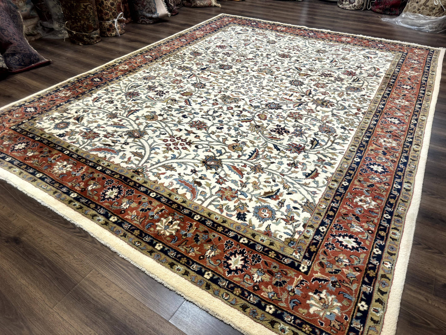 Indo Persian Rug 9x12, Ivory and Red, Traditional Wool Oriental Carpet