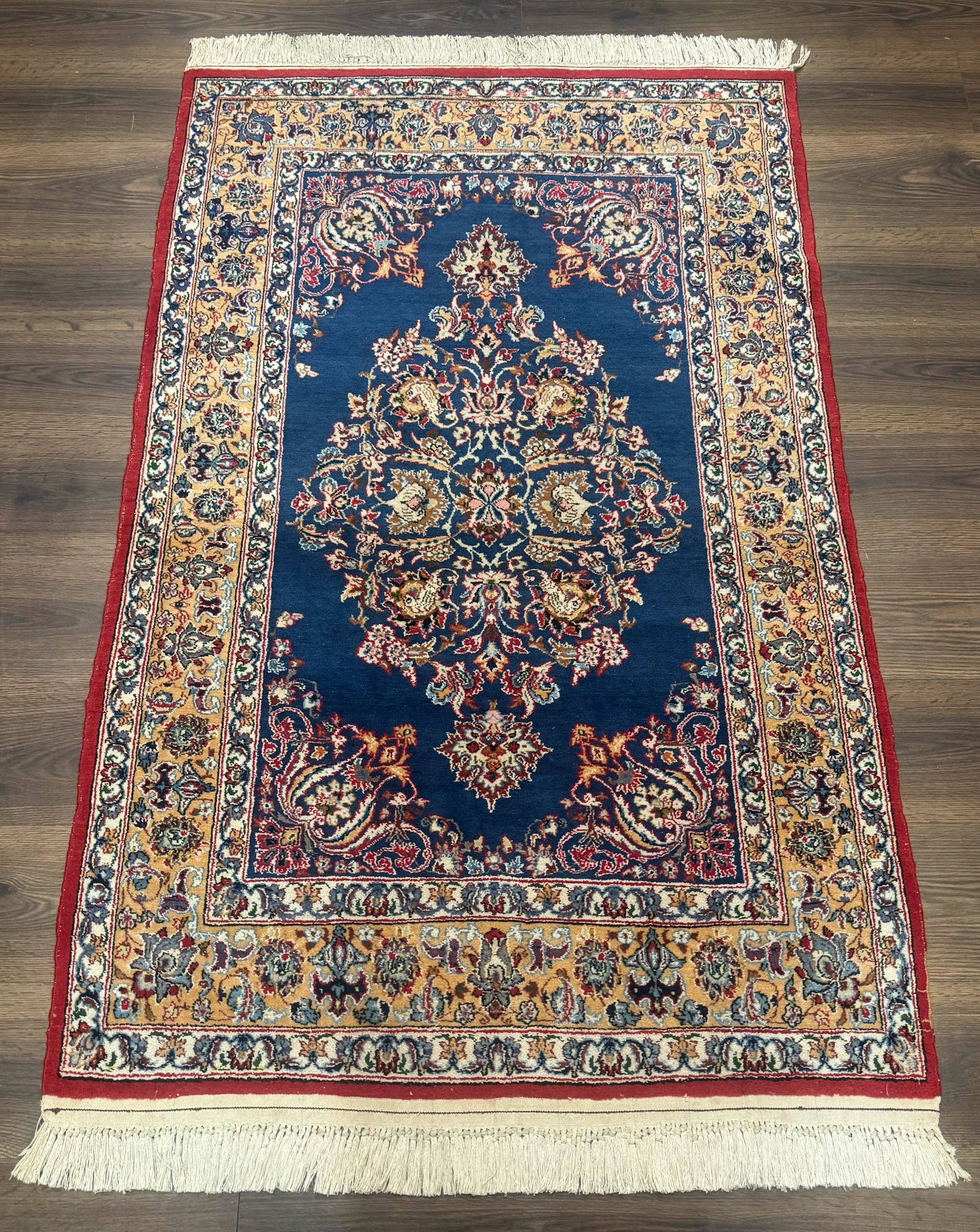 Blue Persian Qum Rug 3.6 x 5, Floral Medallion, Fine 310 KPSI