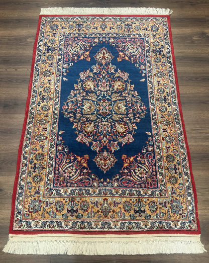 Blue Persian Qum Rug 3.6 x 5, Floral Medallion, Fine 310 KPSI