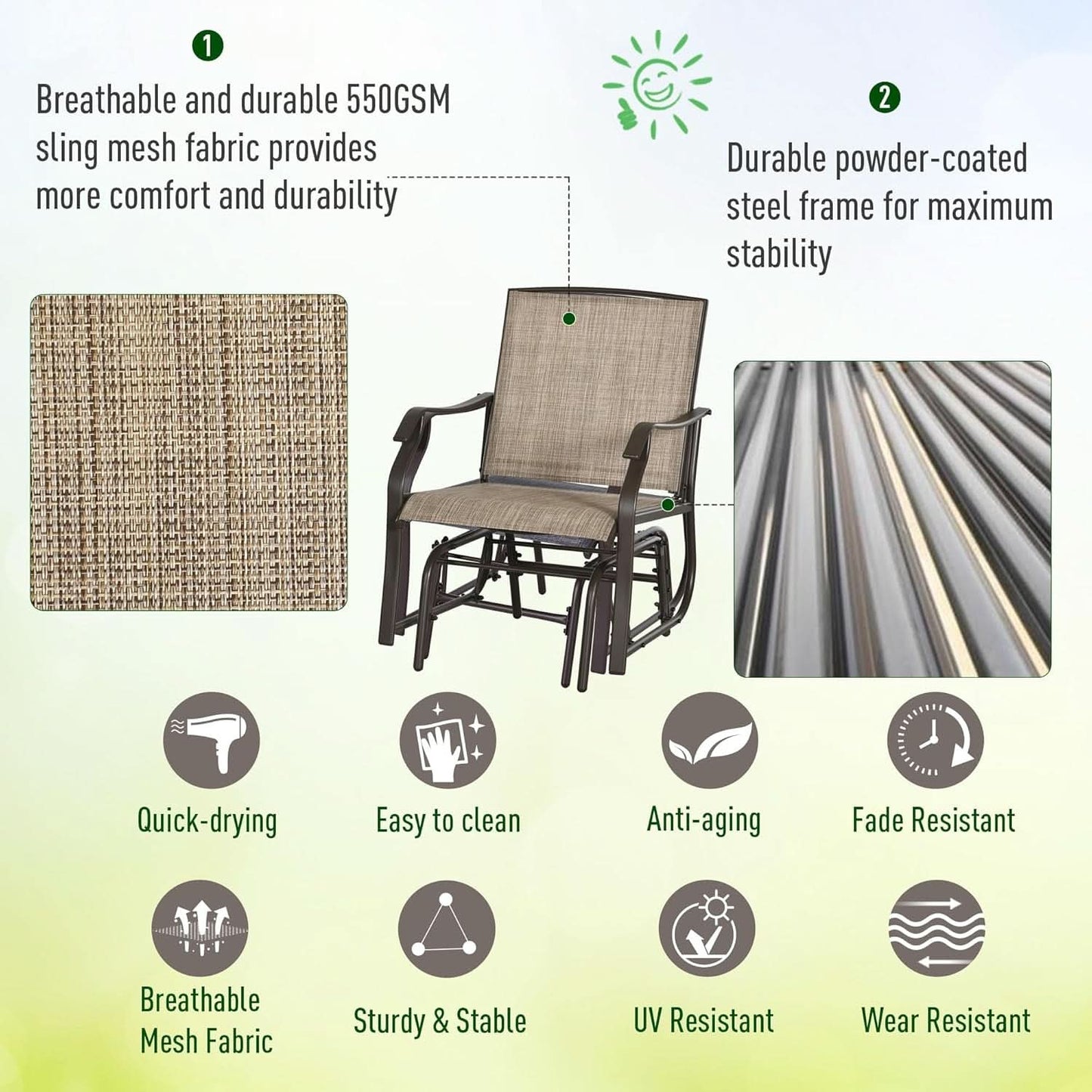 3 Piece Outdoor Glider Chair Bistro Set With Two Sling Chairs And Glass Tabletop Mixed Brown