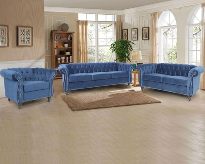 Three Piece Blue Velvet Chesterfield Sofa Set With Club Chair And Loveseat For Living Room