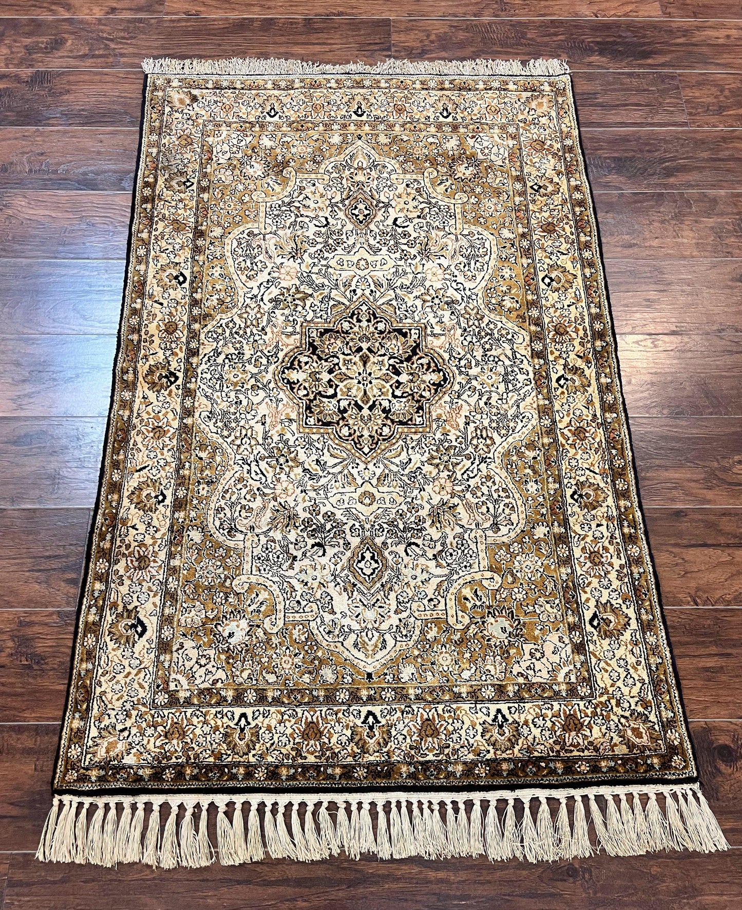 Persian Qum Silk Rug 3.5 x 5.5, Floral Medallion, Very Fine 350 KPSI, Handmade Silk on Silk Rug, Vintage