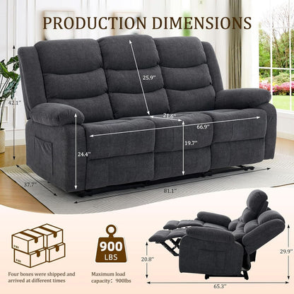 Grey Oversized 3 Seater Reclining Sofa With Console