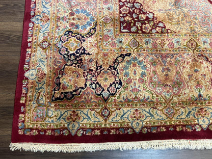 Persian Rug 9x12, Kirman DeLuxe, Millefleur Floral Medallion Carpet, Maroon Light Blue Beige, Semi Antique Authentic Hand Knotted Wool Rug
