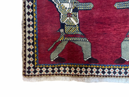 3 X 6 Handmade Wool Rug Tribal Balouch Warriors Deer Animal Pictorial Red Swords