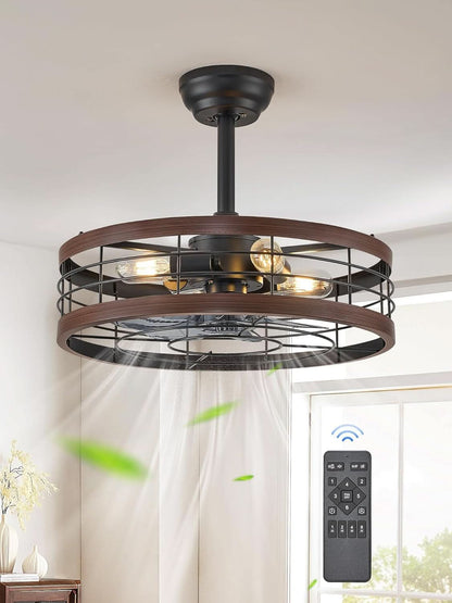 20 Inch Walnut Caged Fandelier Ceiling Fan With Light And Remote Control 6 Speeds With Timing