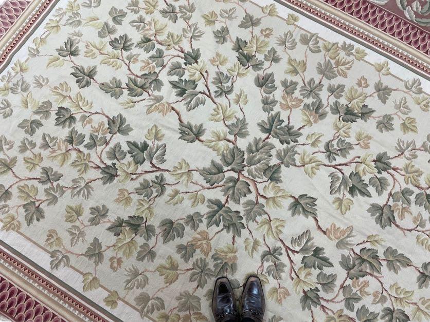 Traditional Aubusson Needlepoint Rug 9 x 12, Flowers, Flatweave Carpet, Hand-Knotted, Brand New, Cream Color, Green, Maroon Red, Wool