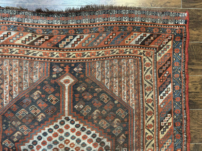 Antique Persian Shiraz Rug 5x8, Khamseh Tribal Wool 1920s Carpet, Navy Blue