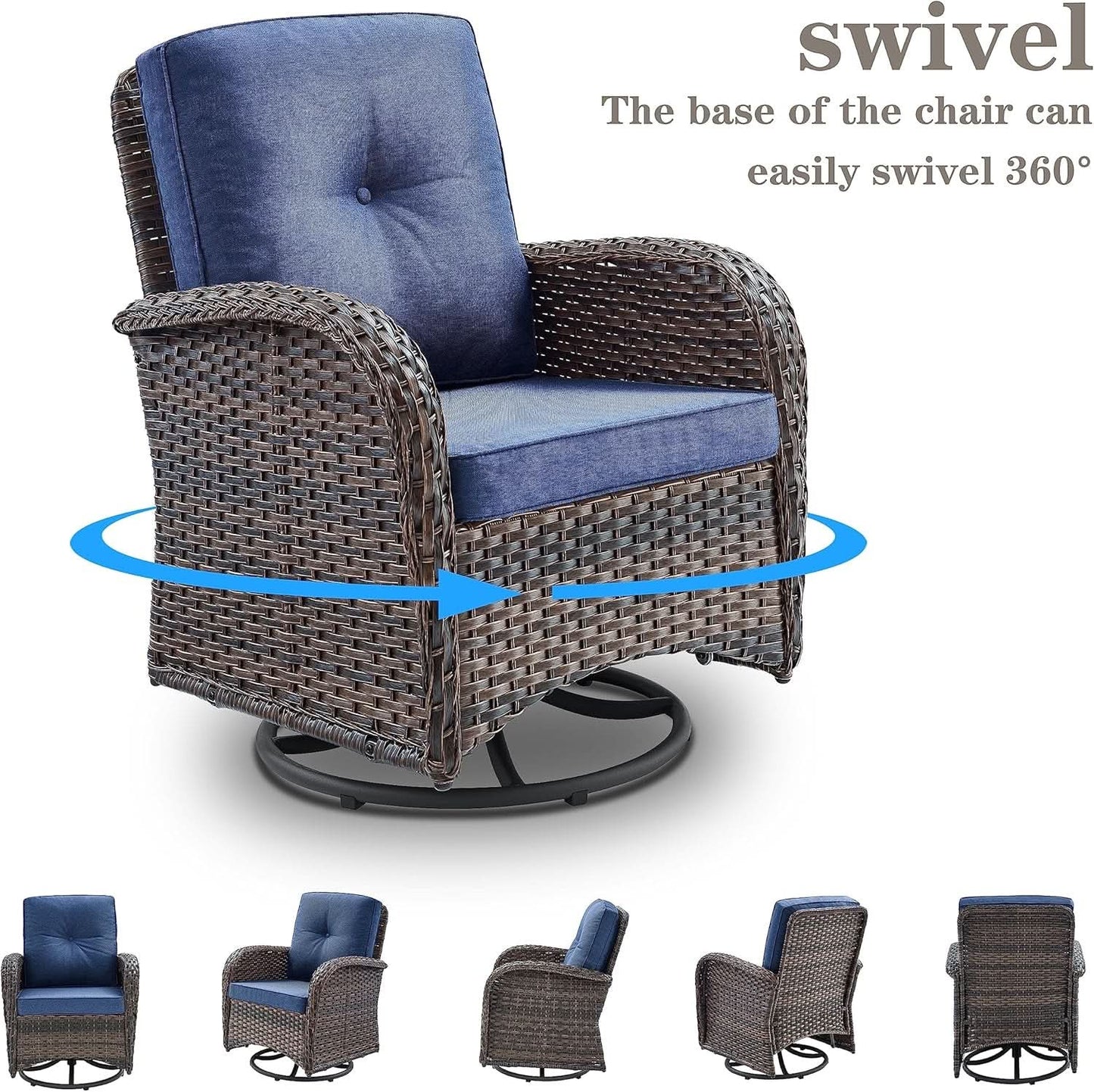 Six Piece Patio Conversation Set Brown Wicker Blue Cushions