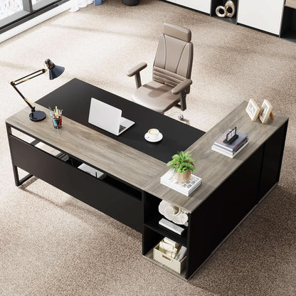 71 Inch Gray L Shaped Desk With Cabinet Storage For Home Office