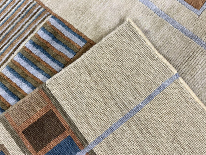 Tibetan Rug 5x8, Contemporary Rug 5 x 8 ft, Cream Brown Blue Hand-Knotted Wool w/ Silk Highlights Tibetan Carpet, Modern Rug