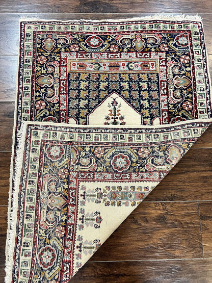 Turkish Prayer Rug 2.5 x 4, Vintage Wool Hand Knotted Carpet, Ivory