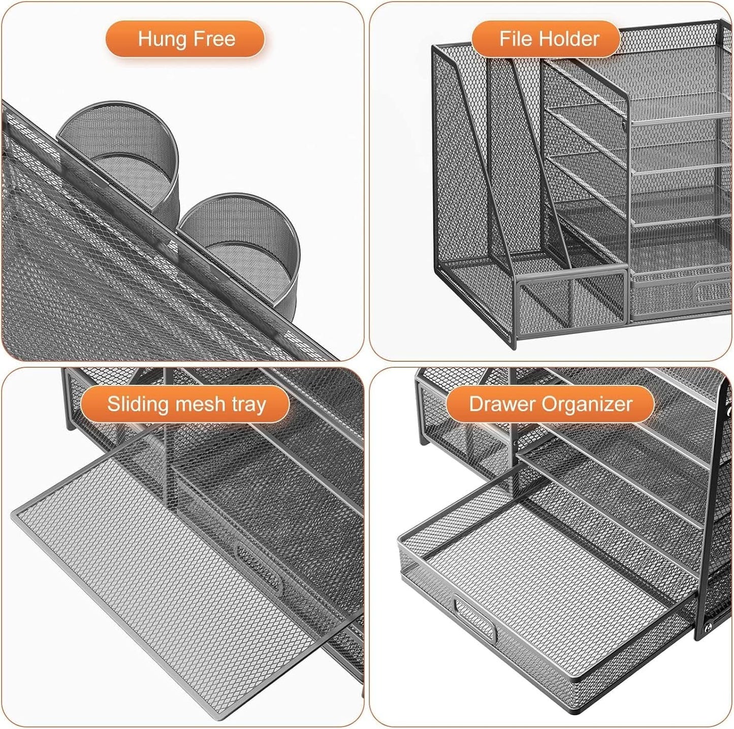 Grey 5 Tier Mesh Desk Organizer With Drawer And File Trays