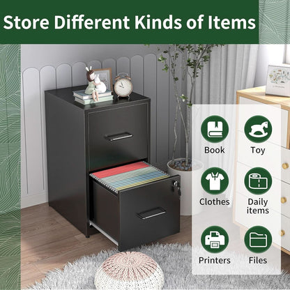 Two Drawer Locking Steel File Cabinet for Home Office Vertical Letter Size Black