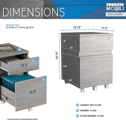 Grey Rolling Locking Two Drawer Vertical Filing Cabinet