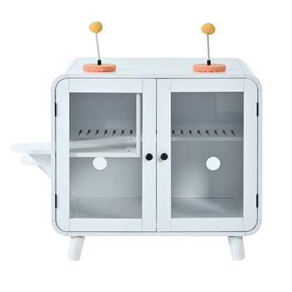 Hidden Cat Litter Box Cabinet – RGB LED, Glass Doors, Litter Walkway & Pom-Pom Toys, White