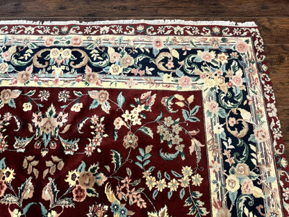 Indo Persian Rug 8x10, Floral Allover with Bird Pictorials, Maroon and Navy Blue, Handmade Wool Area Rug