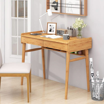 Bamboo Computer Desk with Drawers and Open Shelf