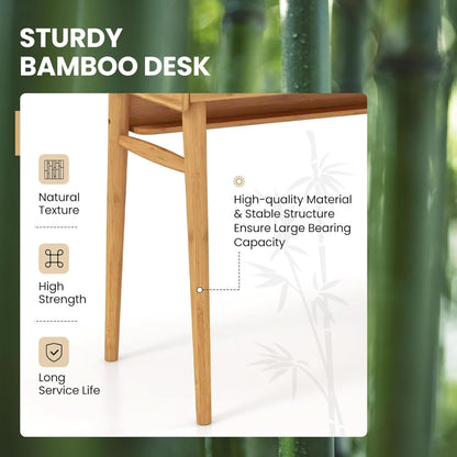 Bamboo Computer Desk with Drawers and Open Shelf