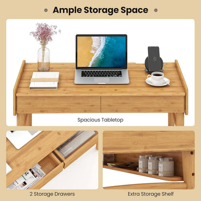 Bamboo Computer Desk with Drawers and Open Shelf