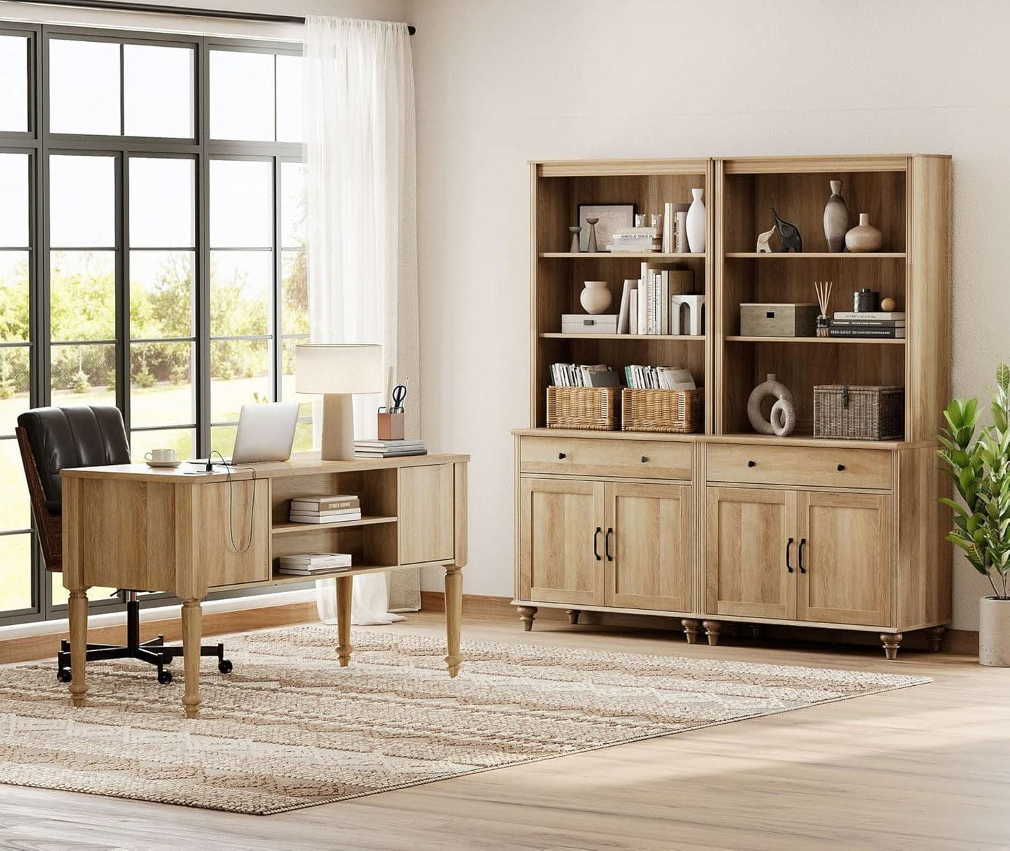 Oak 56 Inch Distressed Contemporary Workstation Desk