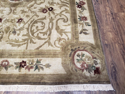 Vintage Nepali Tibetan Aubusson Rug 6x9, Wool Hand-Knotted Cream Beige Carpet, Leaves & Floral Pattern 6 x 9 Soft Area Rug Home Office Rug