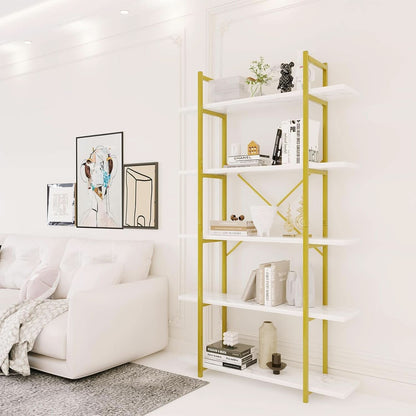 Five Tier Bookshelf Organizer White Faux Marble Metal Open Display