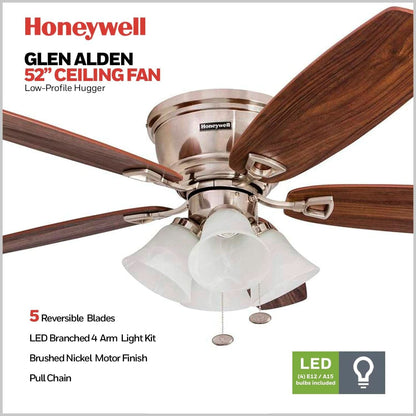 52 Inch Brushed Nickel LED Five Blade Ceiling Fan Light