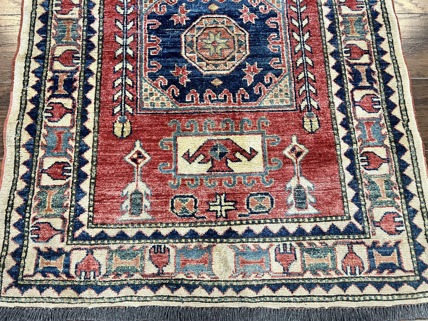 Turkish Kazak Rug 3x4, Wool Hand Knotted Small Vintage Carpet, Red Navy Blue, 3 x 4 Oriental Rug, Geometric Design